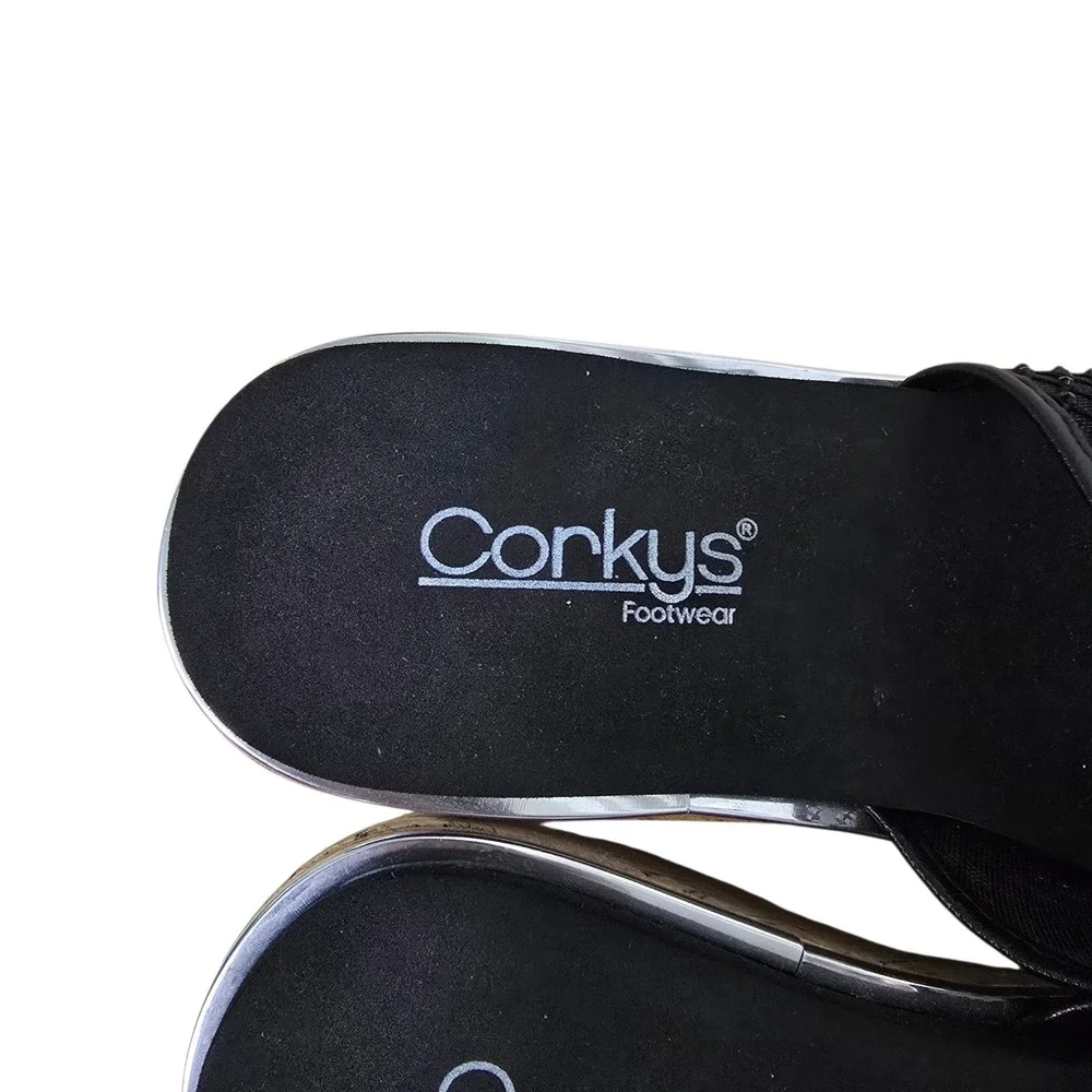 Corkys Footwear Womens Black Mesh Wedge Slide Sandals Cork Heel Size 8